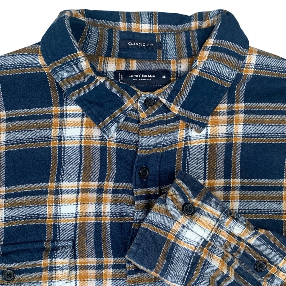 Lucky Brand Shirt Mens XL Blue Yellow Plaid Flannel Long Sleeve Button Down